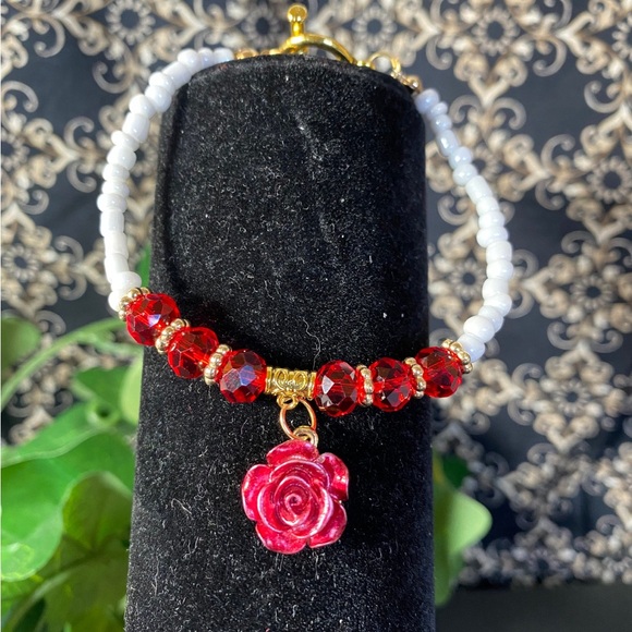 Handmade Red Rose-White Beaded Choker with Natural Freshwater Pearl Jewelry Set - Picture 7 of 11